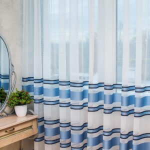 Готовий тюль бамбук зі смугами, колір білий з блакитним (3м*2,7м)