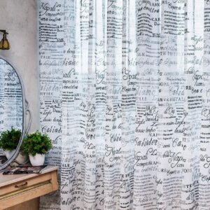 Плотный тюль лен с принтом Газета. Цвет белый с черным и серым