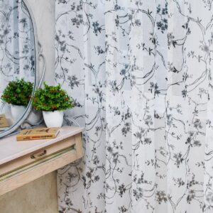 Тюль льон Прованс, з обтяжувачем. Квітковий принт, колір білий з сірим