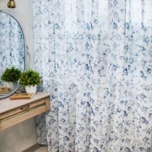 Тюль лен Прованс, с утяжелителем. Цветочный принт, цвет белый с синим