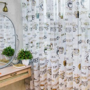 Тюль лен с принтом Кофе. Цвет белый с бежевым и коричневым