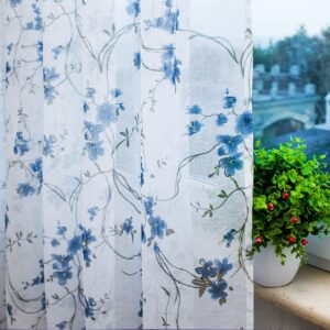 Тюль лен Прованс. Цветочный принт, цвет белый с синим