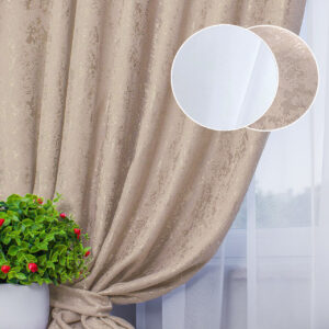 Комплект штори і тюль. Тканина шенілл мармур + шифон вуаль. Колір: бежеві штори, білий тюль