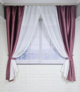 Комплект короткі штори тюль. Колір бордовий з білим