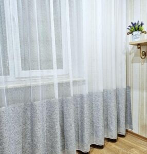 Тюль з щільним фартухом льон. Колір білий з світло-сірим