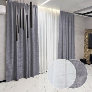 Комплект штори і тюль. Тканина жаккард мармур + льон. Колір: сірі штори, білий тюль