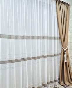 Тюль жаккард елочка. Цвет белый с серыми полосками