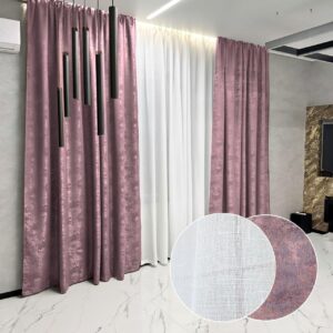 Комплект штори і тюль. Тканина жаккард мармур + льон. Колір: пильна троянда штори, білий тюль