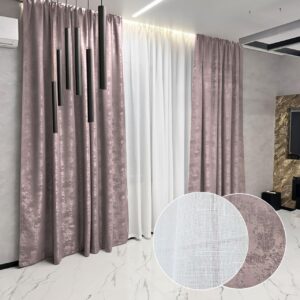 Комплект штори і тюль. Тканина жаккард мармур + льон. Колір: сірий з темною пудрою штори, білий тюль