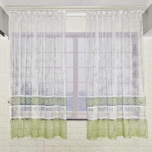 Комплект коротких тюлей жаккард (1,4м*2,5м, 2шт). Колір зелений з білим