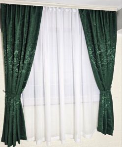 Комплект короткі штори і тюль. Шенілл мармур + креп шифон. Колір: темний зелений штори, білий тюль