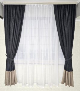 Комплект короткі штори і тюль. Мікровелюр + шифон вуаль. Колір: темний сірий штори, білий тюль